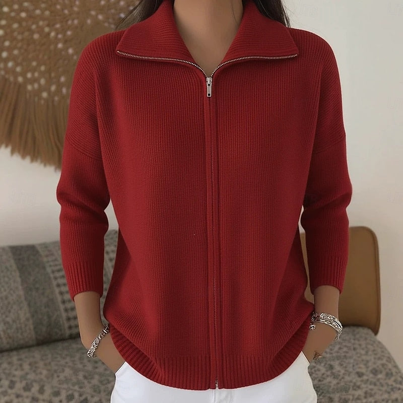 Women's Full Zip Up Cardigan – Wide Collar Smooth Knit with Ribbed Trims