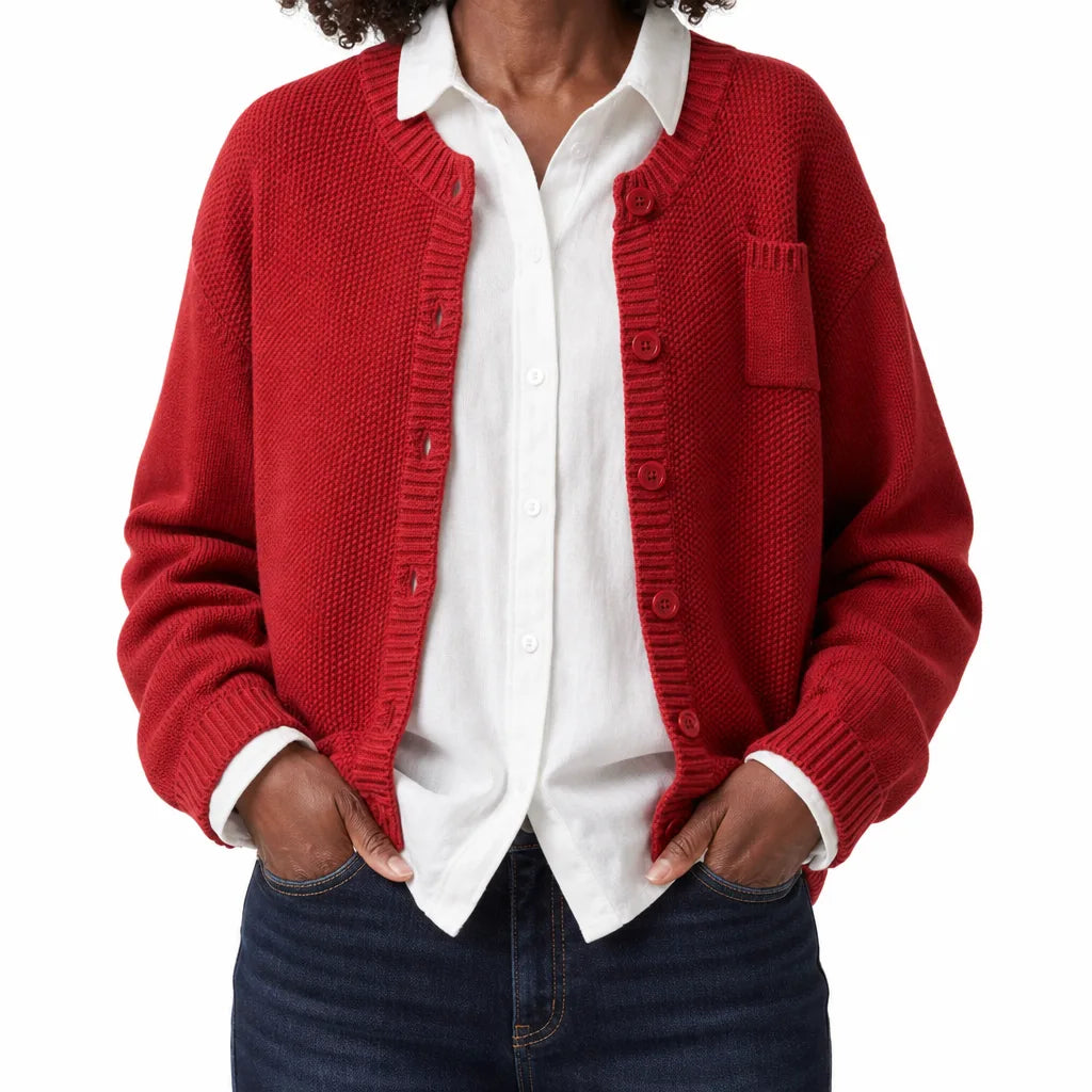 Women's Garter Stitch Button Front Cardigan – Round Neck Knit with Chest Pocket