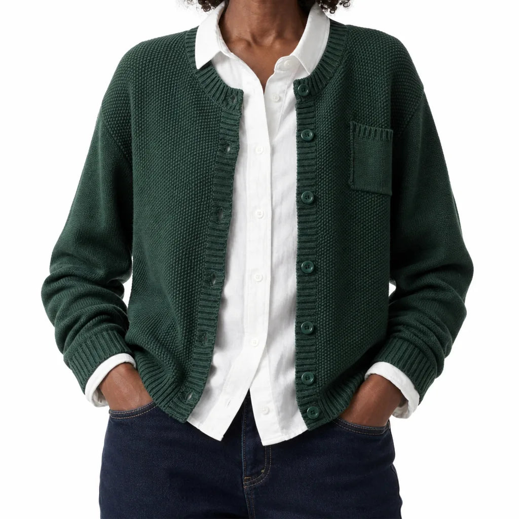 Women's Garter Stitch Button Front Cardigan – Round Neck Knit with Chest Pocket