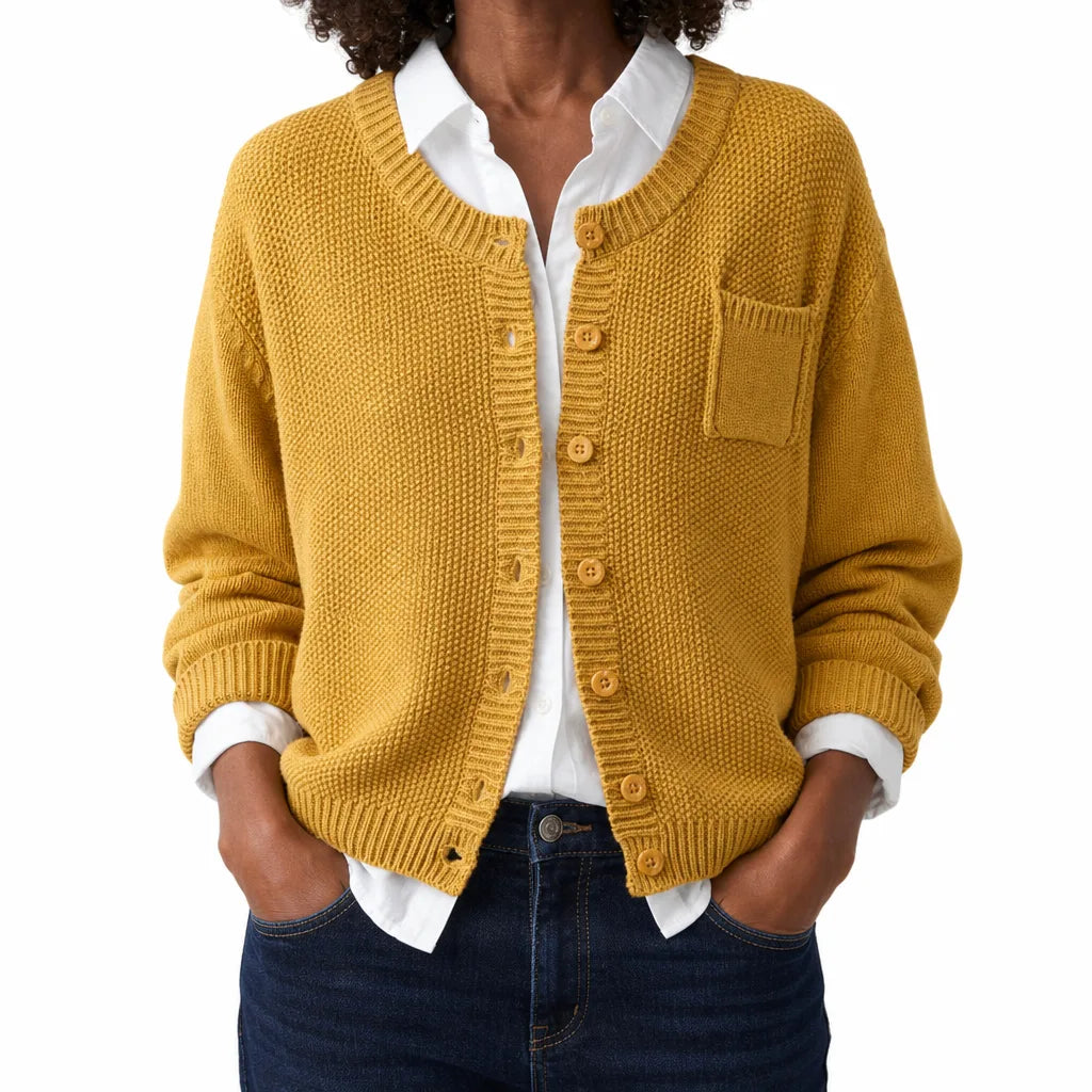 Women's Garter Stitch Button Front Cardigan – Round Neck Knit with Chest Pocket