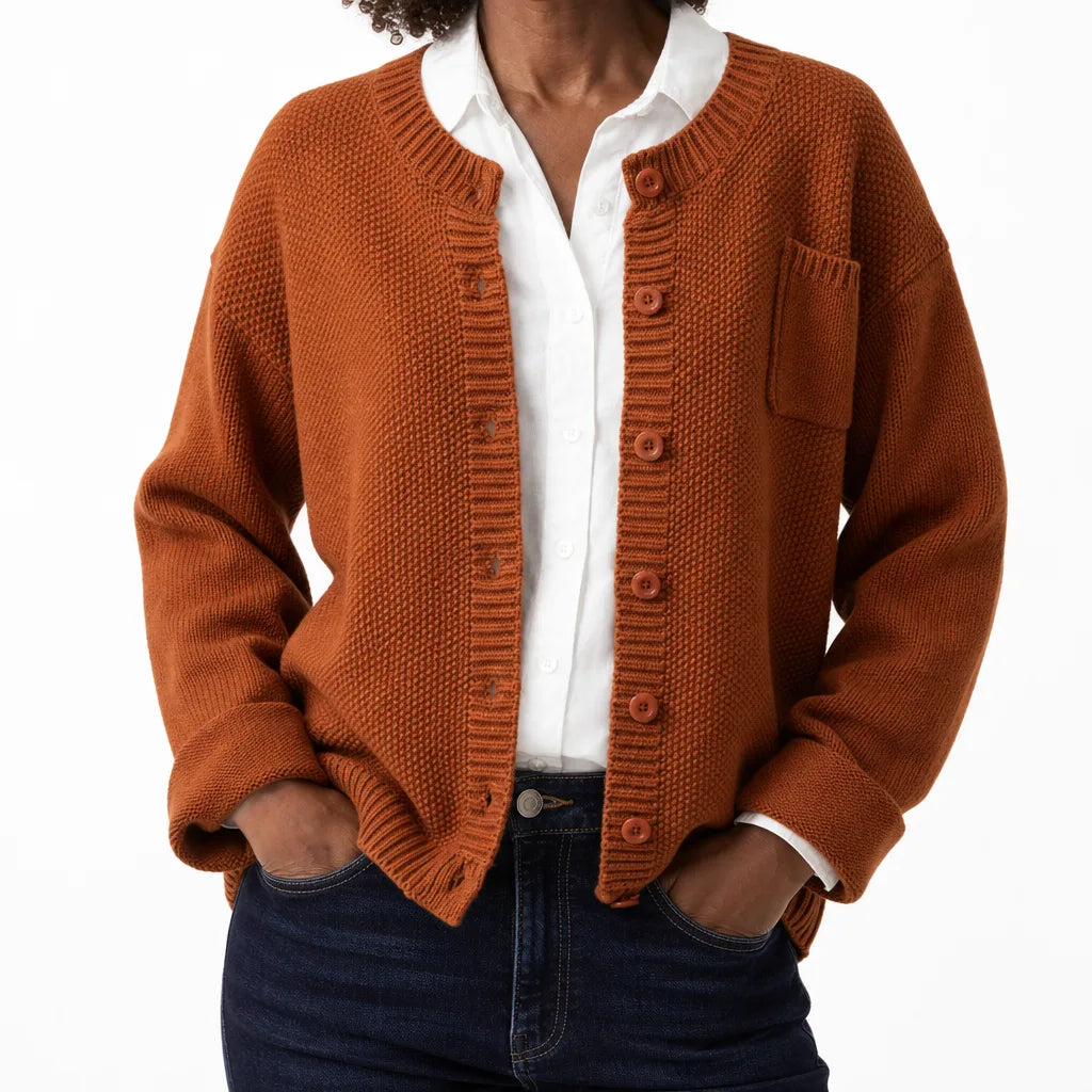 Women's Garter Stitch Button Front Cardigan – Round Neck Knit with Chest Pocket