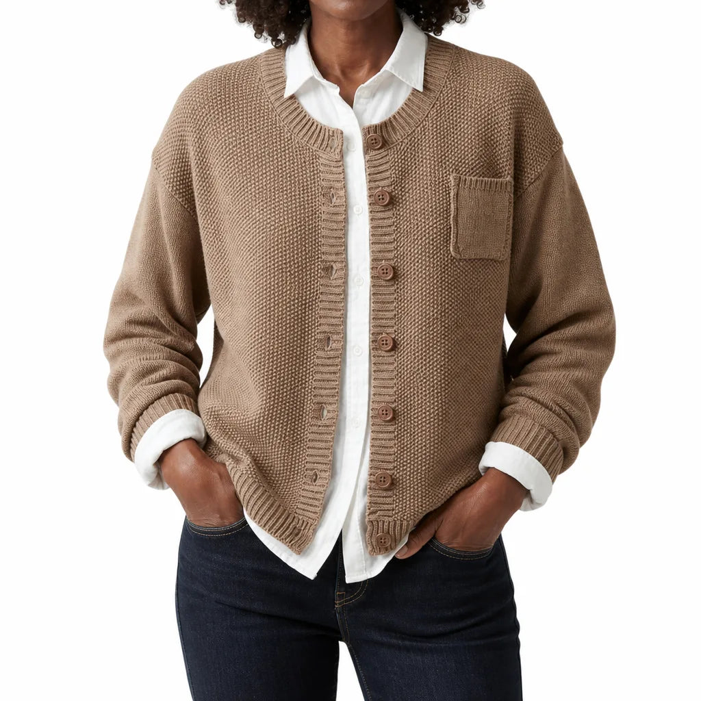 Women's Garter Stitch Button Front Cardigan – Round Neck Knit with Chest Pocket
