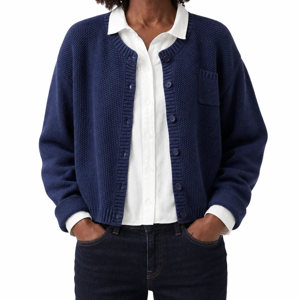 Women's Garter Stitch Button Front Cardigan – Round Neck Knit with Chest Pocket