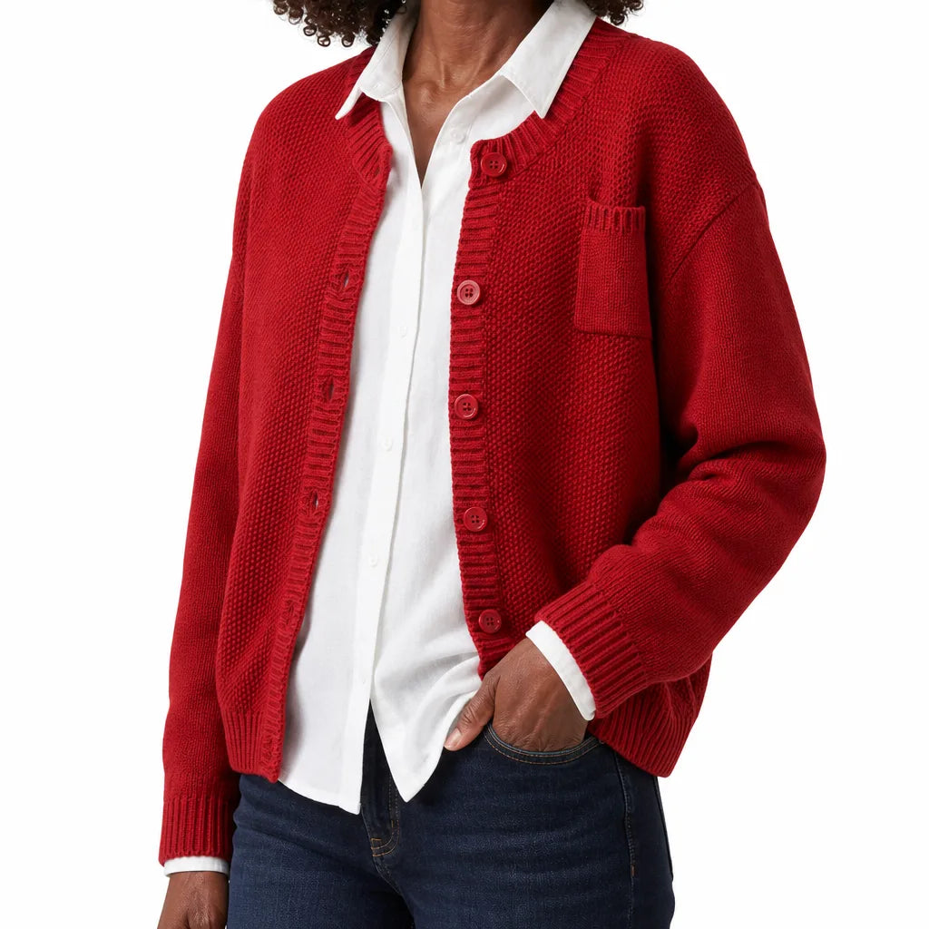 Women's Garter Stitch Button Front Cardigan – Round Neck Knit with Chest Pocket