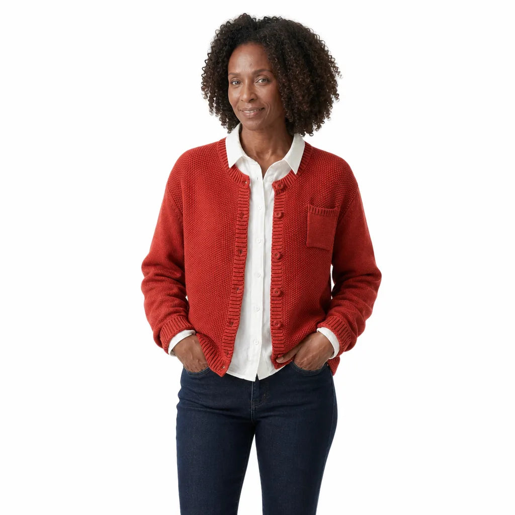 Women's Garter Stitch Button Front Cardigan – Round Neck Knit with Chest Pocket
