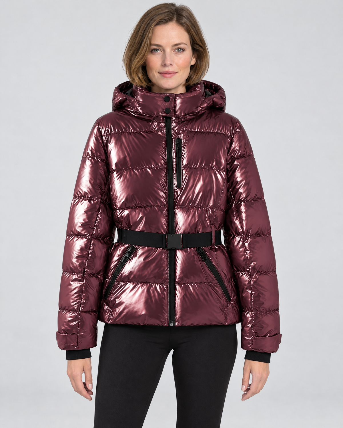 Kacob | Women's Glossy Belted Puffer Jacket – Hooded Shiny Ski Style Jacket