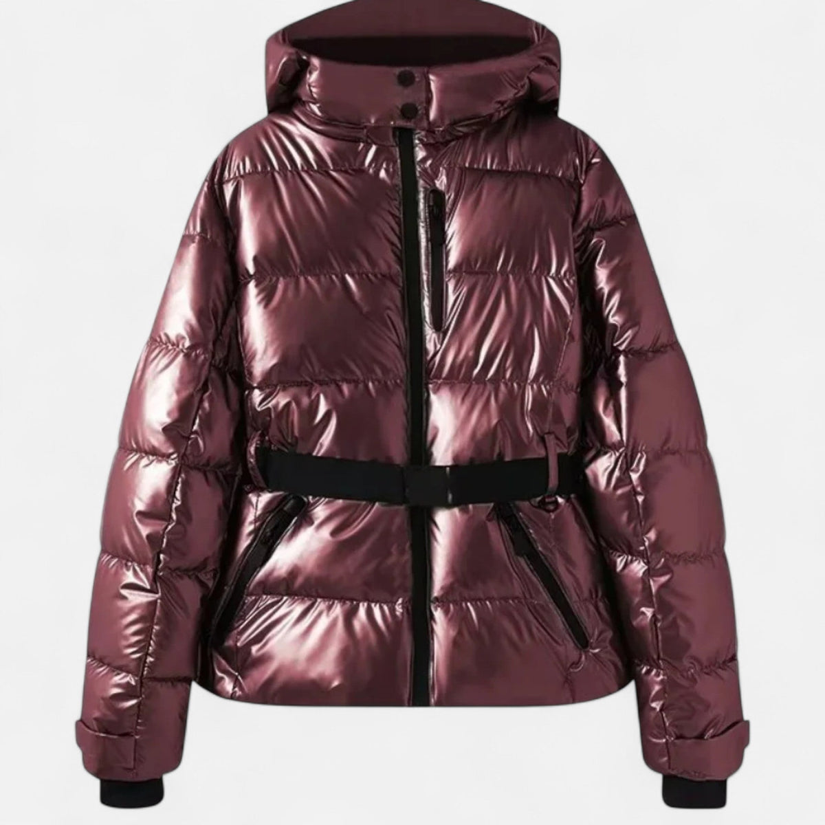 Kacob | Women's Glossy Belted Puffer Jacket – Hooded Shiny Ski Style Jacket