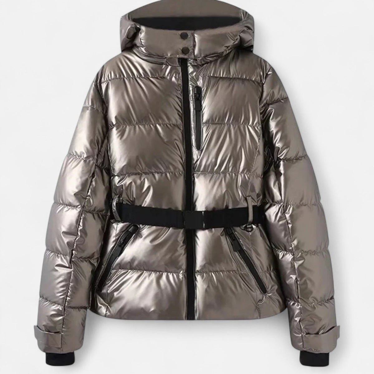 Kacob | Women's Glossy Belted Puffer Jacket – Hooded Shiny Ski Style Jacket