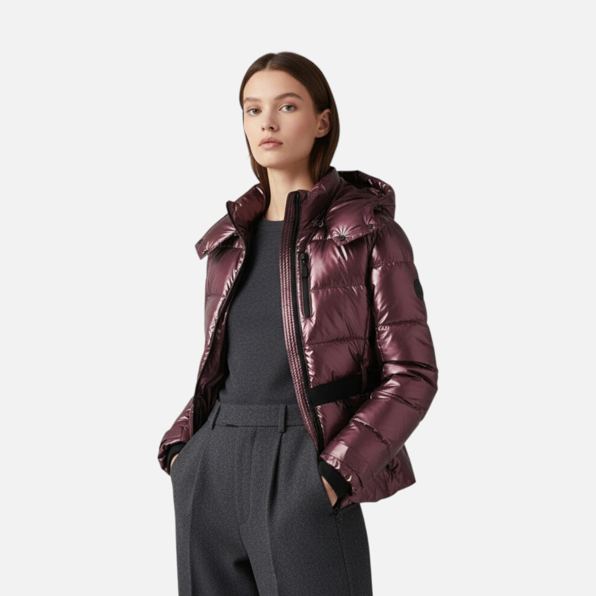 Kacob | Women's Glossy Belted Puffer Jacket – Hooded Shiny Ski Style Jacket