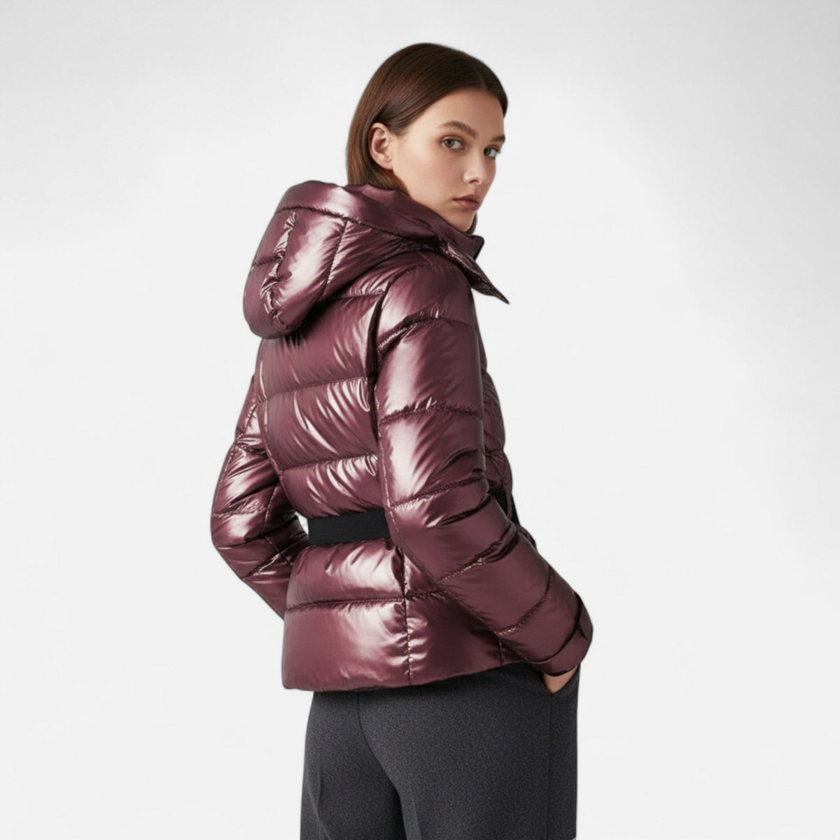Kacob | Women's Glossy Belted Puffer Jacket – Hooded Shiny Ski Style Jacket