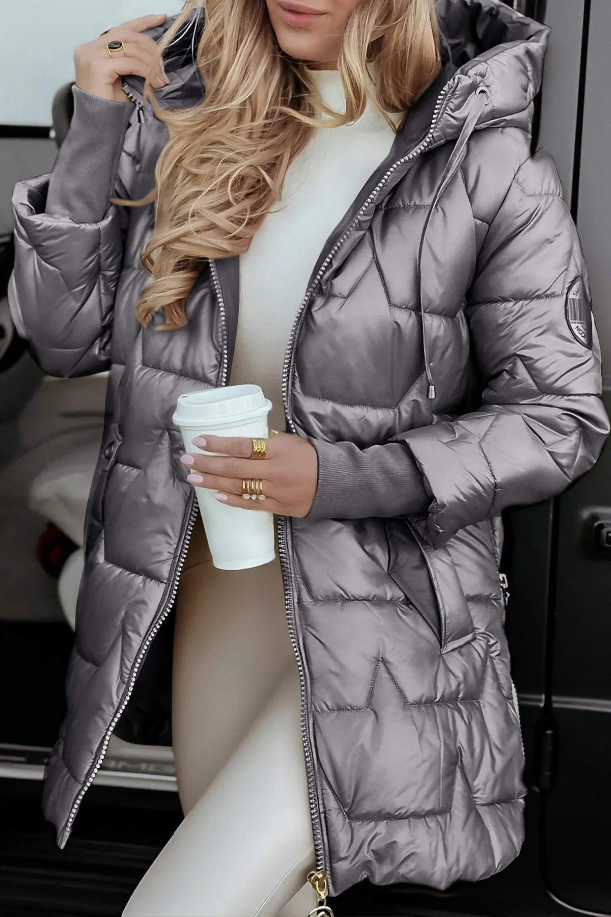 Kacob | Women's Glossy Hooded Longline Puffer Jacket – Chevron Quilted Zip-Up Coat
