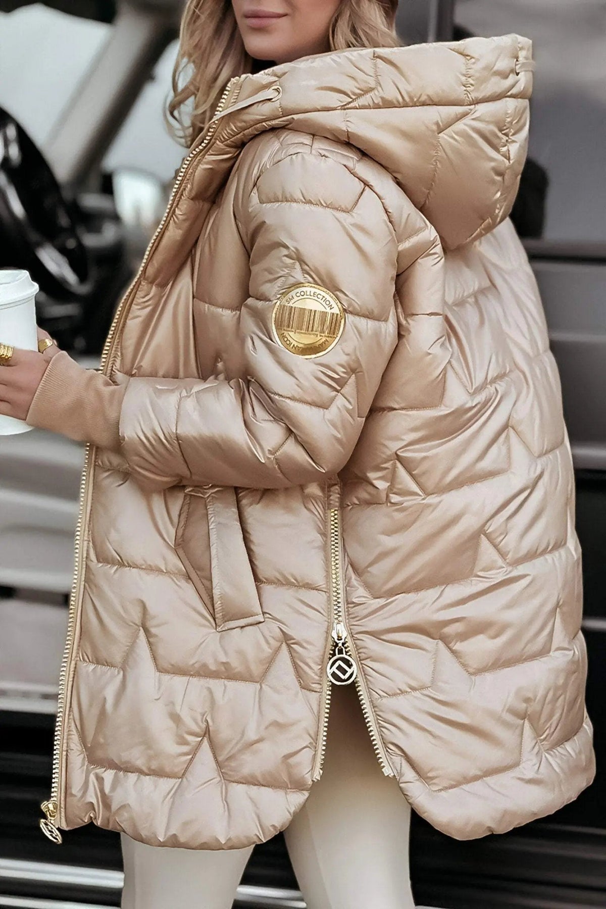 Kacob | Women's Glossy Hooded Longline Puffer Jacket – Chevron Quilted Zip-Up Coat