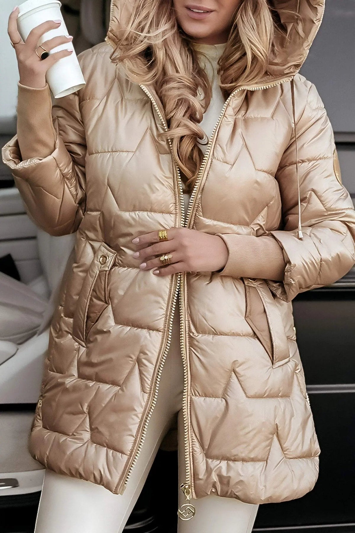Kacob | Women's Glossy Hooded Longline Puffer Jacket – Chevron Quilted Zip-Up Coat