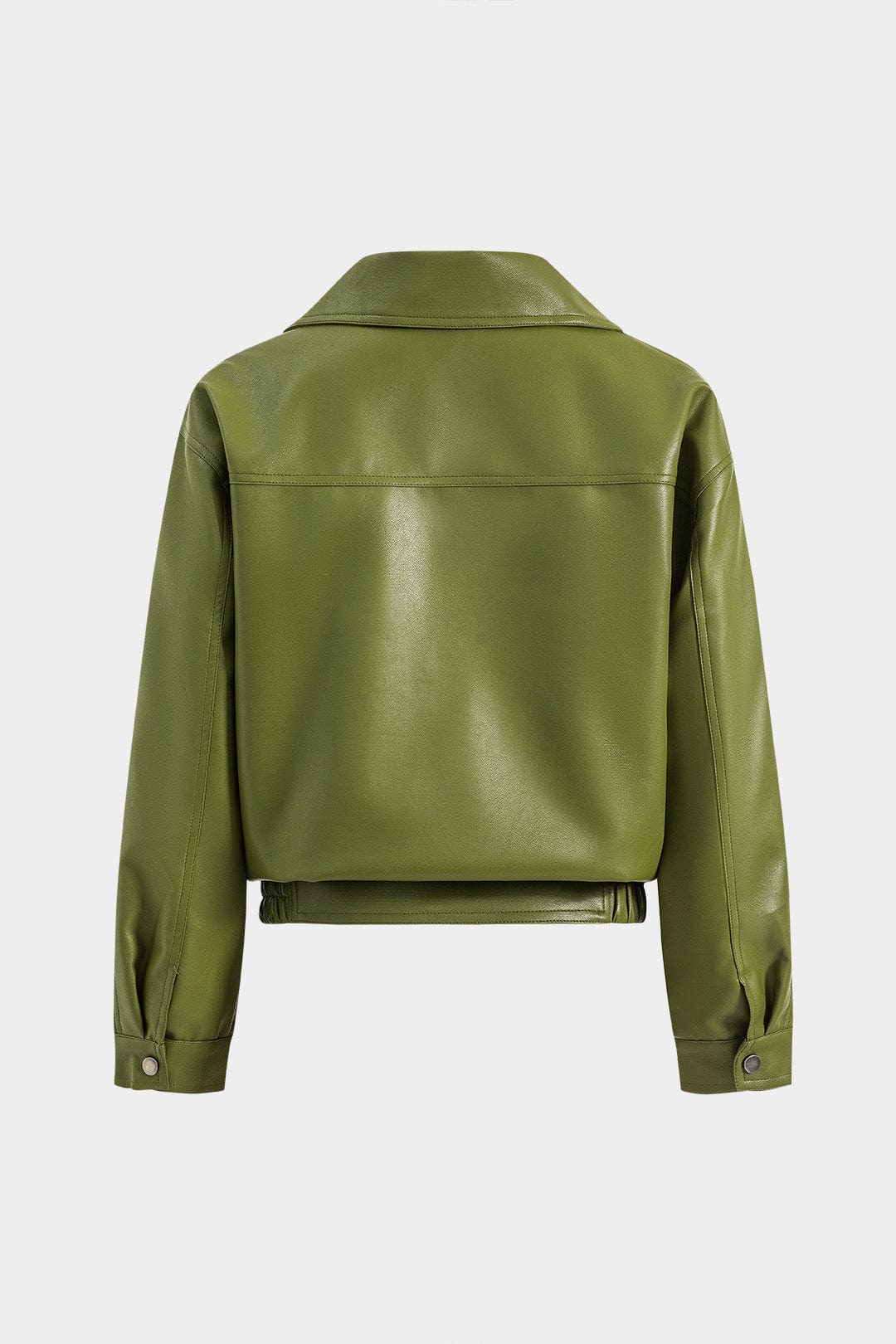 Kacob | Women's Green Faux Leather Jacket – Collared Zip-Up Bomber with Flap Pockets