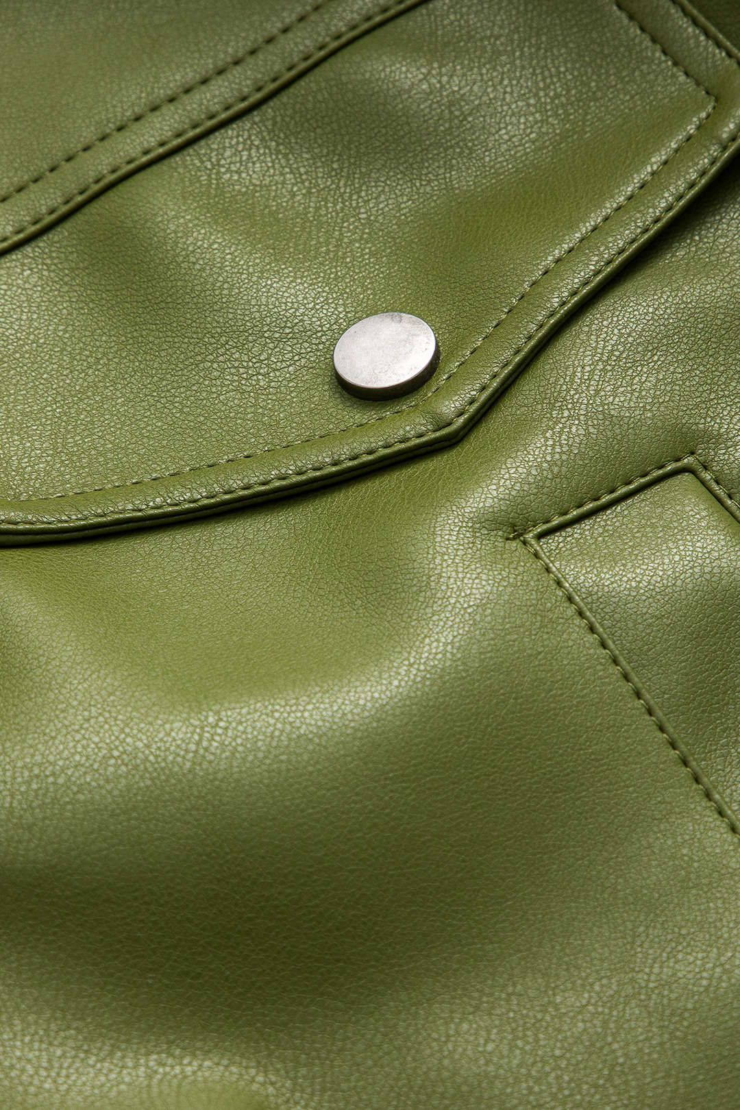 Kacob | Women's Green Faux Leather Jacket – Collared Zip-Up Bomber with Flap Pockets
