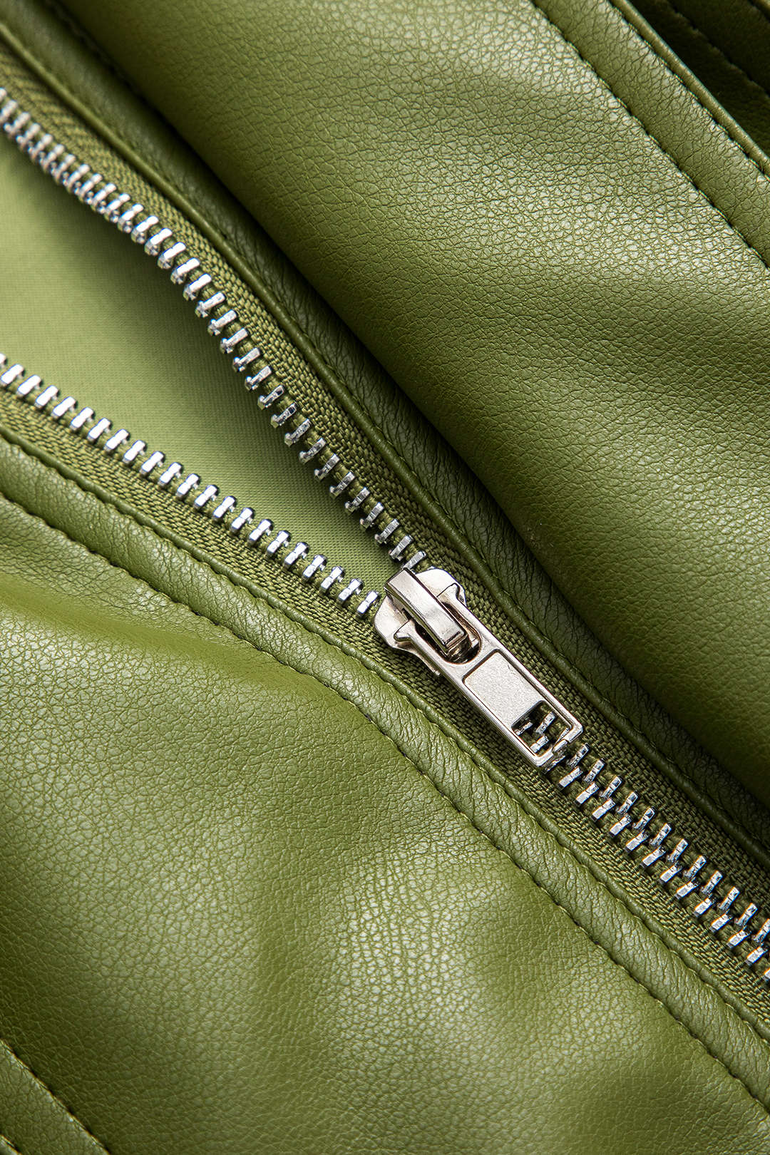 Kacob | Women's Green Faux Leather Jacket – Collared Zip-Up Bomber with Flap Pockets