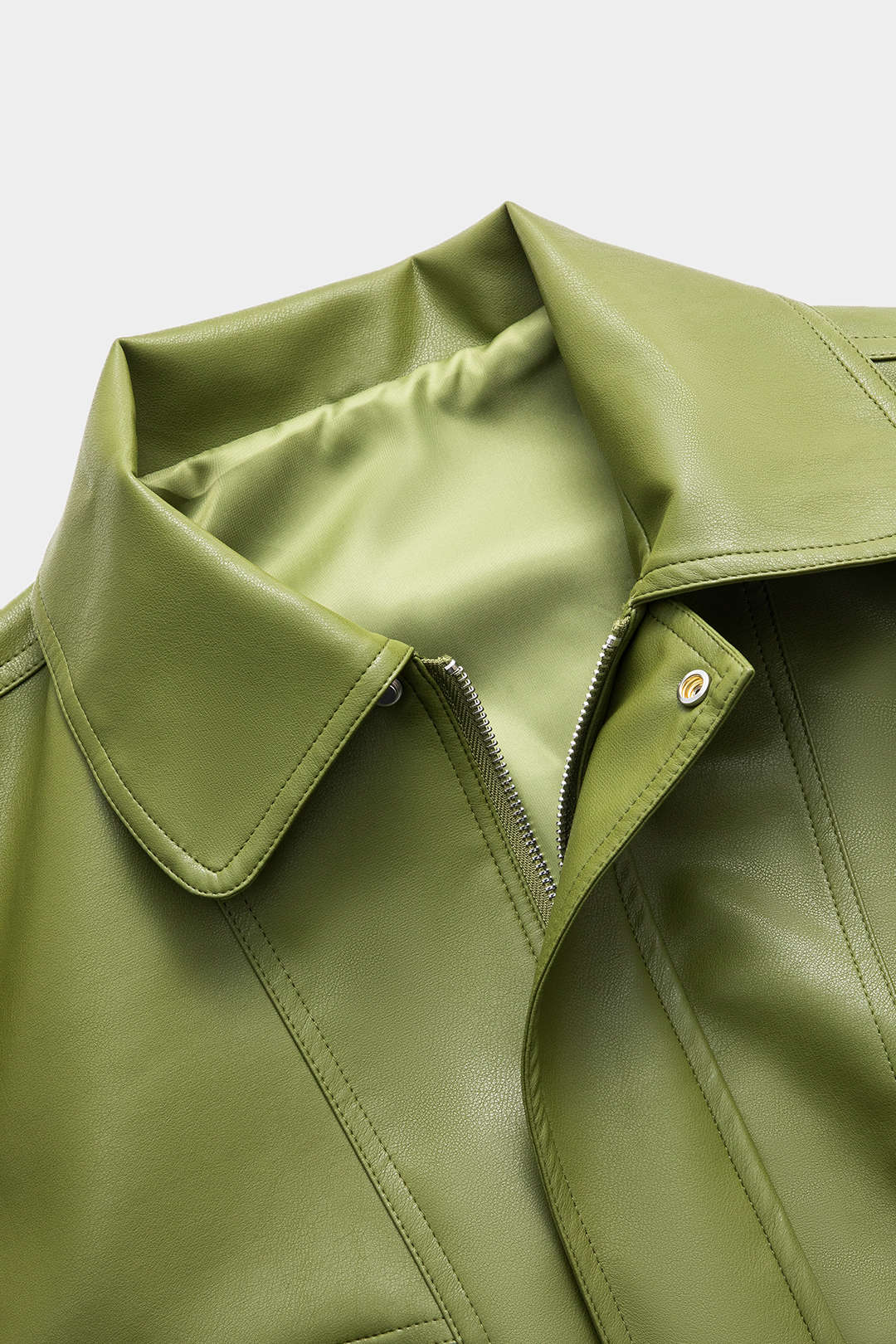 Kacob | Women's Green Faux Leather Jacket – Collared Zip-Up Bomber with Flap Pockets