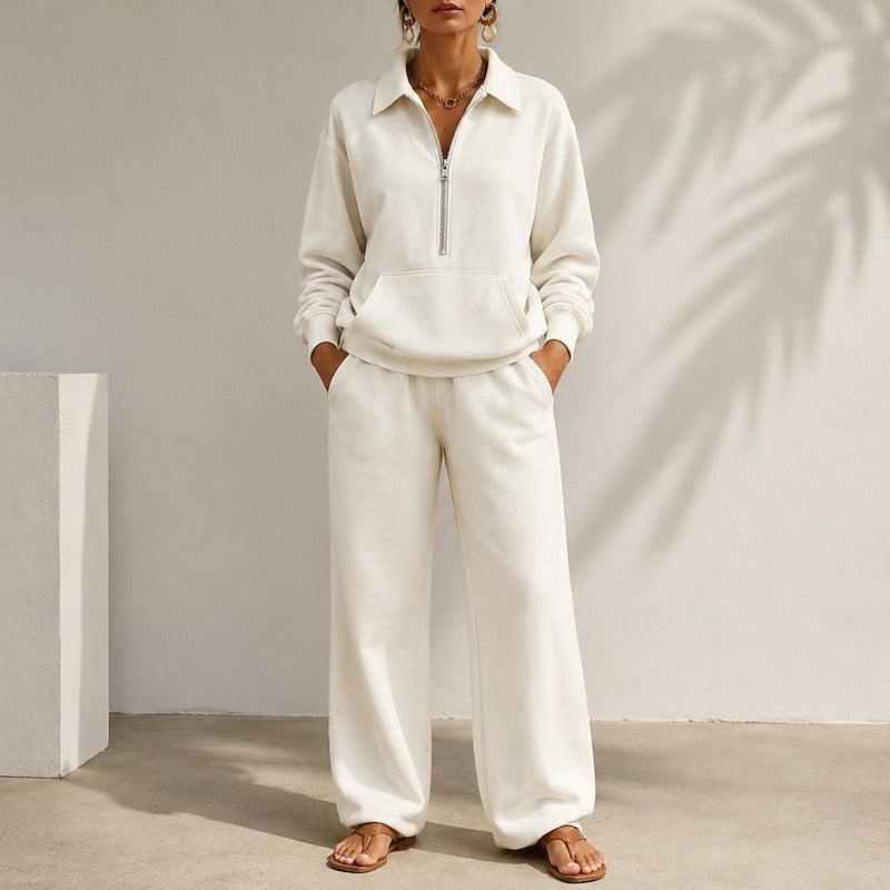 Kacob | Women's Half Zip Lounge Co Ord – Zip Collar Top and Wide Leg Trousers