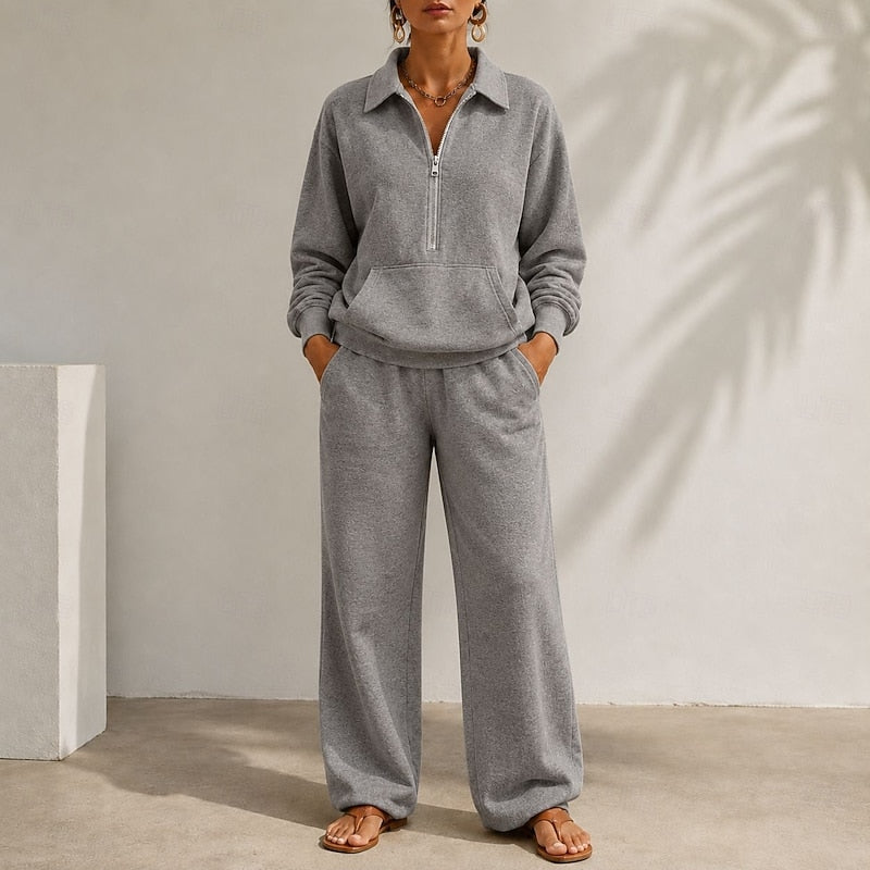 Kacob | Women's Half Zip Lounge Co Ord – Zip Collar Top and Wide Leg Trousers