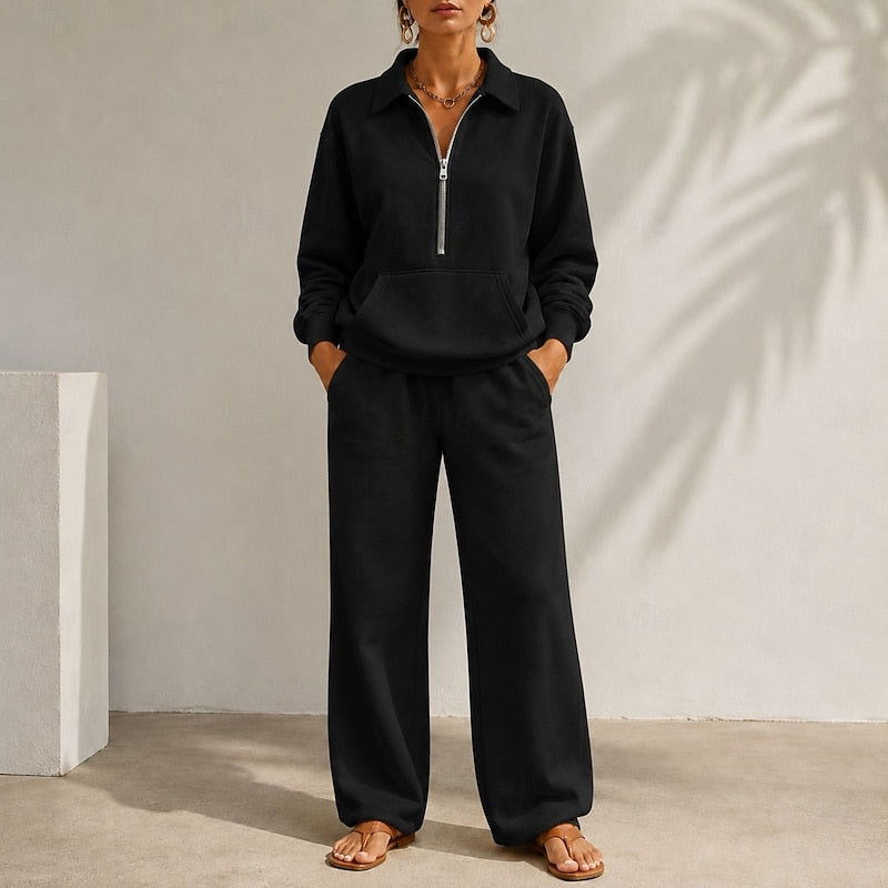 Kacob | Women's Half Zip Lounge Co Ord – Zip Collar Top and Wide Leg Trousers