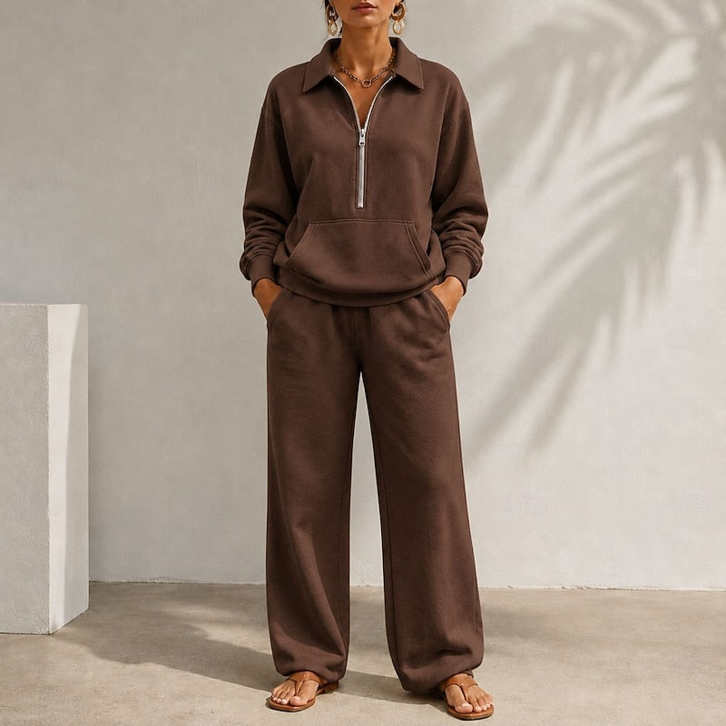 Kacob | Women's Half Zip Lounge Co Ord – Zip Collar Top and Wide Leg Trousers