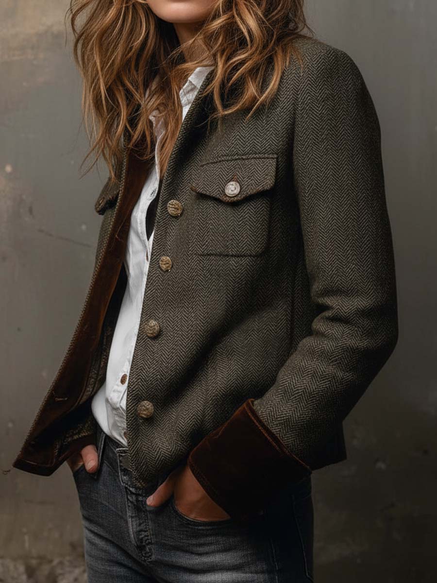 Kacob | Women's Herringbone Blazer – Military Pocket Button Front Jacket