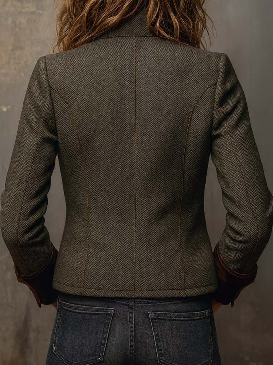 Kacob | Women's Herringbone Blazer – Military Pocket Button Front Jacket
