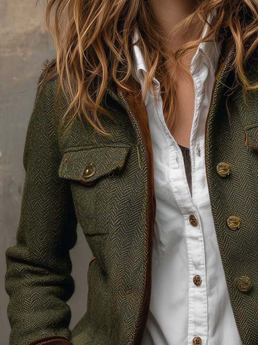 Kacob | Women's Herringbone Blazer – Military Pocket Button Front Jacket
