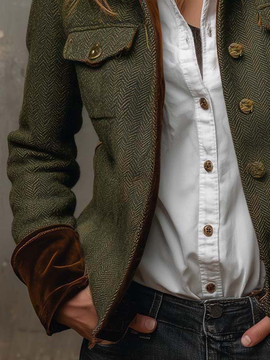Kacob | Women's Herringbone Blazer – Military Pocket Button Front Jacket