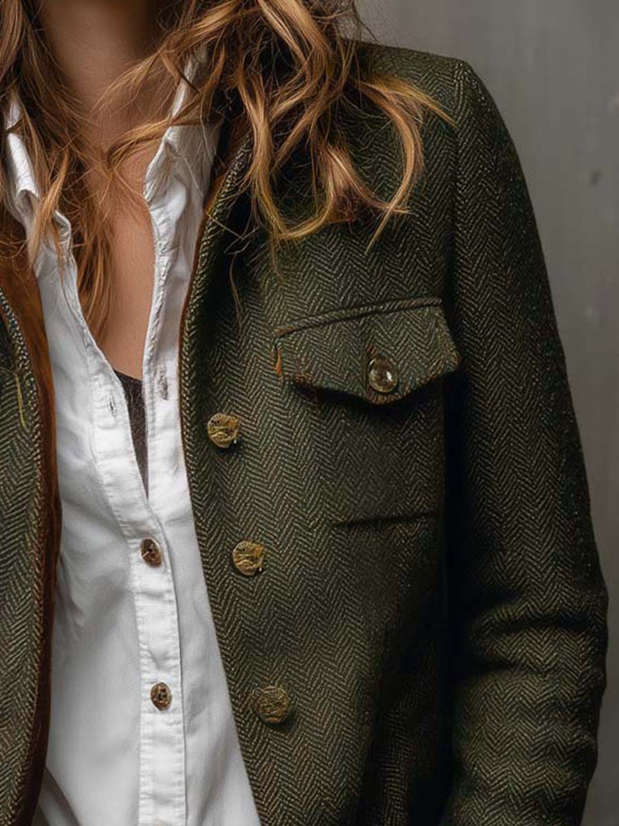 Kacob | Women's Herringbone Blazer – Military Pocket Button Front Jacket