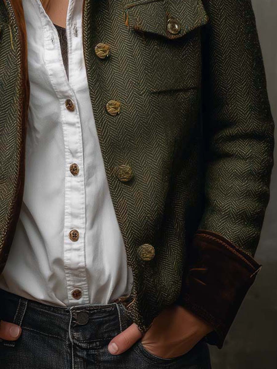 Kacob | Women's Herringbone Blazer – Military Pocket Button Front Jacket