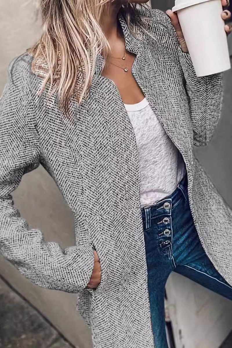 Kacob | Women's Herringbone Long Coat – Open Front Tweed Style Coat