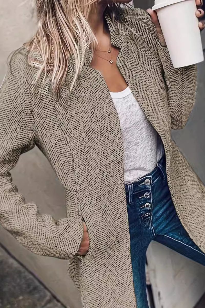 Kacob | Women's Herringbone Long Coat – Open Front Tweed Style Coat