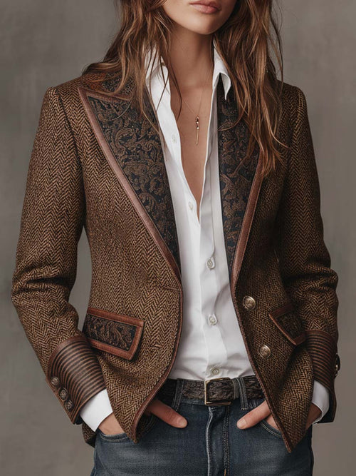 Kacob | Women's Herringbone Panel Blazer – Structured Tailored Work Jacket