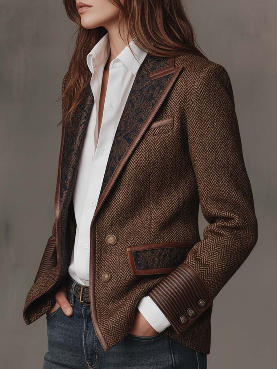 Kacob | Women's Herringbone Panel Blazer – Structured Tailored Work Jacket