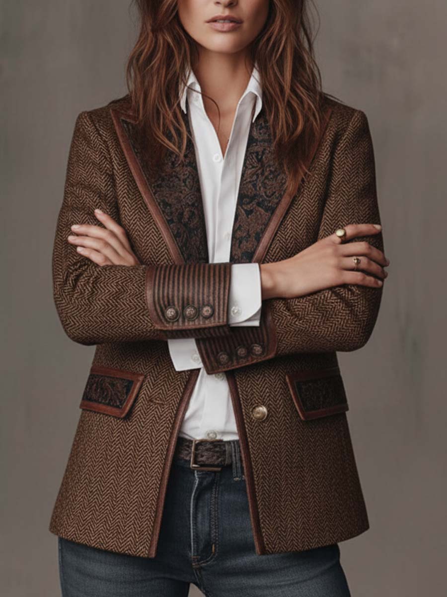 Kacob | Women's Herringbone Panel Blazer – Structured Tailored Work Jacket