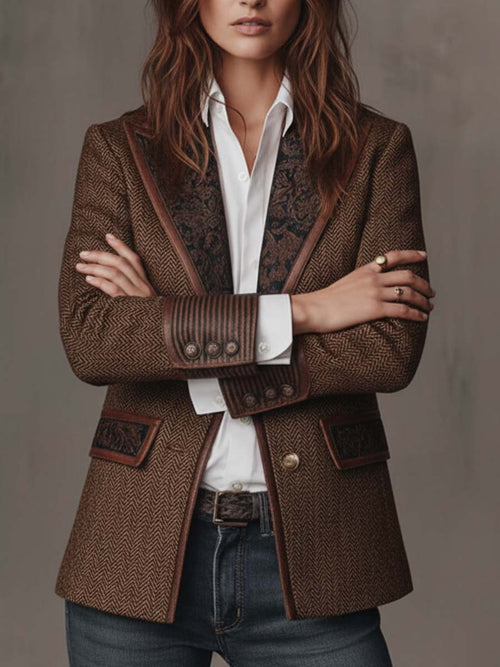 Kacob | Women's Herringbone Panel Blazer – Structured Tailored Work Jacket
