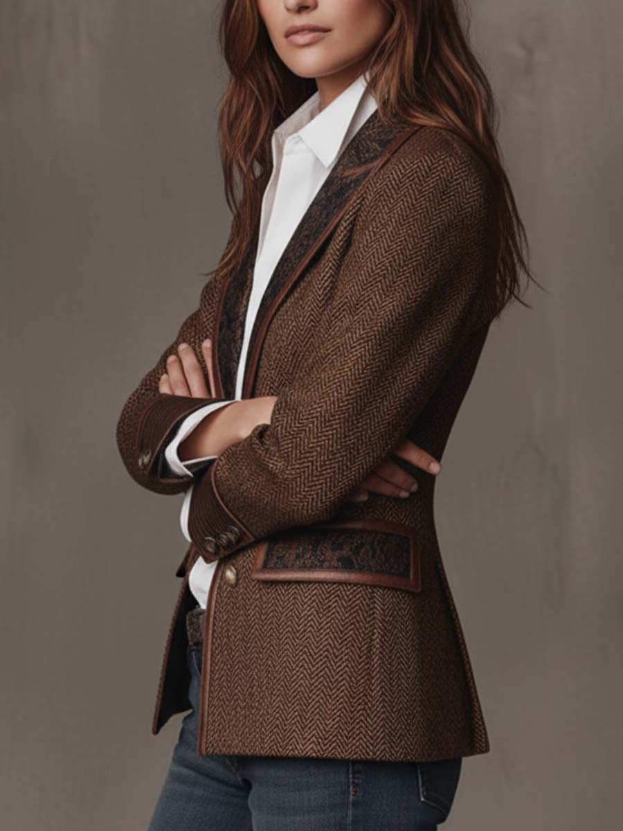 Kacob | Women's Herringbone Panel Blazer – Structured Tailored Work Jacket
