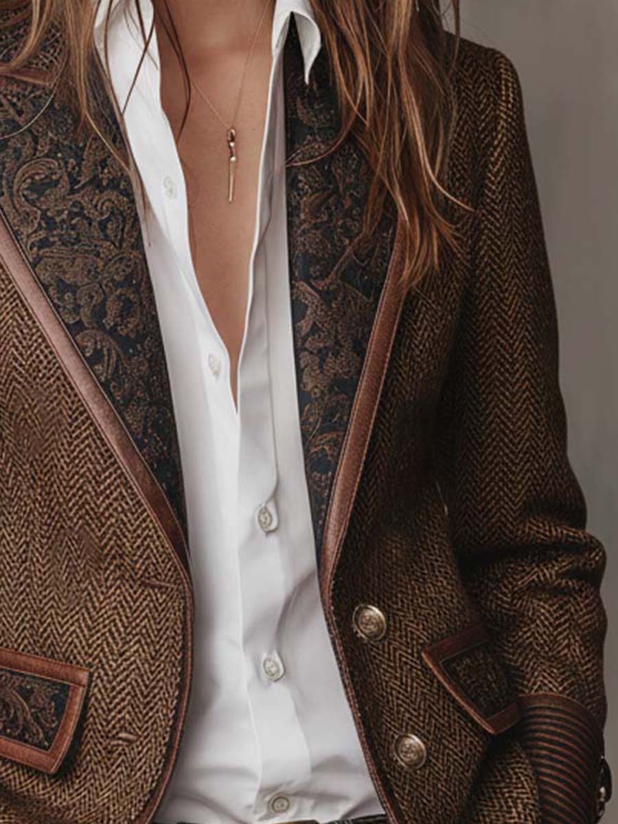 Kacob | Women's Herringbone Panel Blazer – Structured Tailored Work Jacket