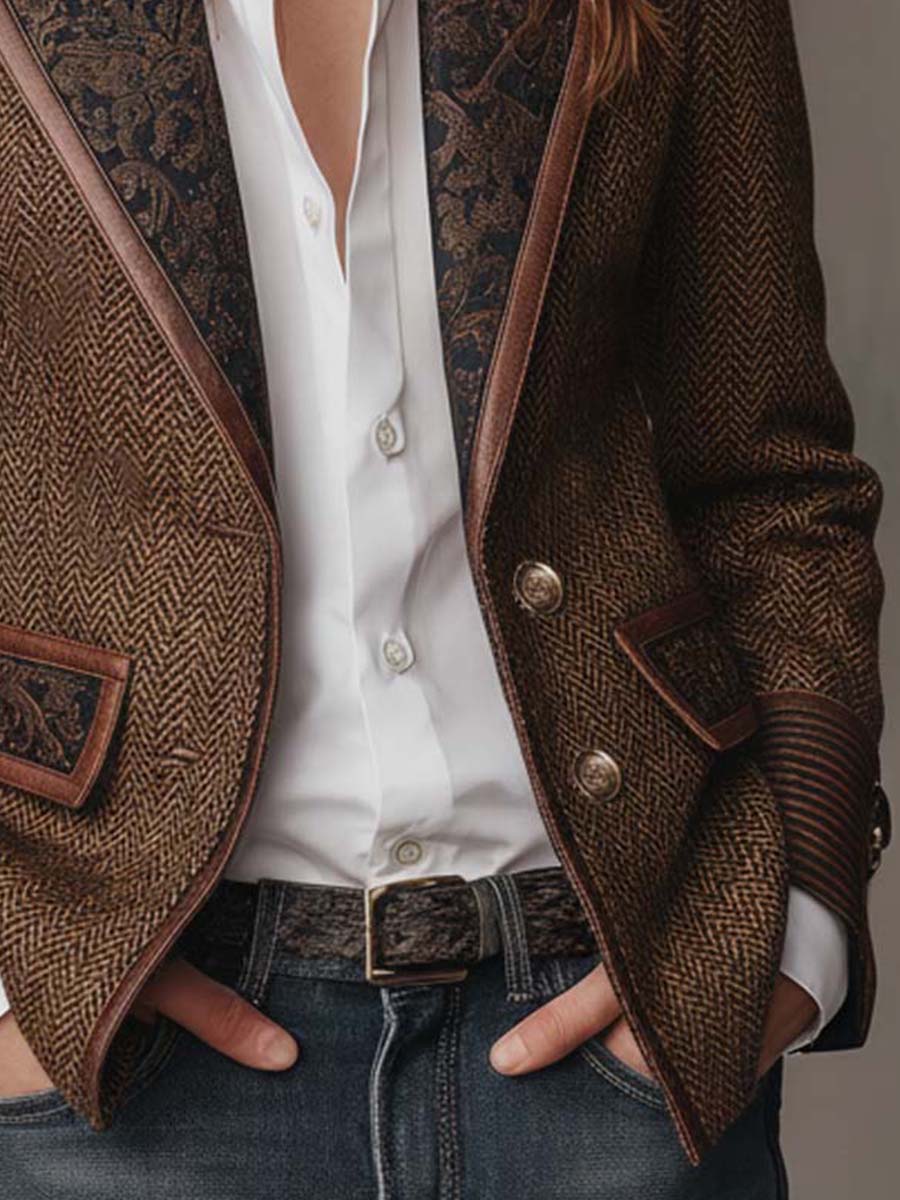 Kacob | Women's Herringbone Panel Blazer – Structured Tailored Work Jacket