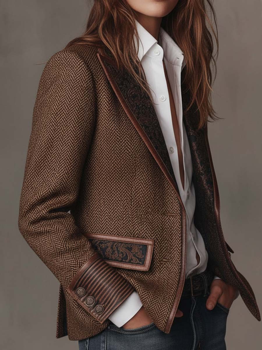 Kacob | Women's Herringbone Panel Blazer – Structured Tailored Work Jacket