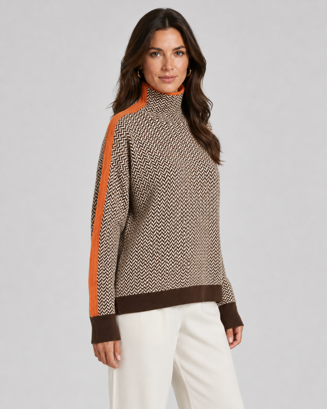 Women's Herringbone Turtleneck Jumper with Contrast Sleeves