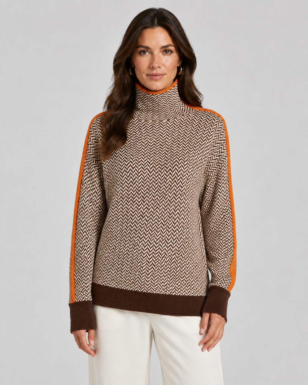Women's Herringbone Turtleneck Jumper with Contrast Sleeves