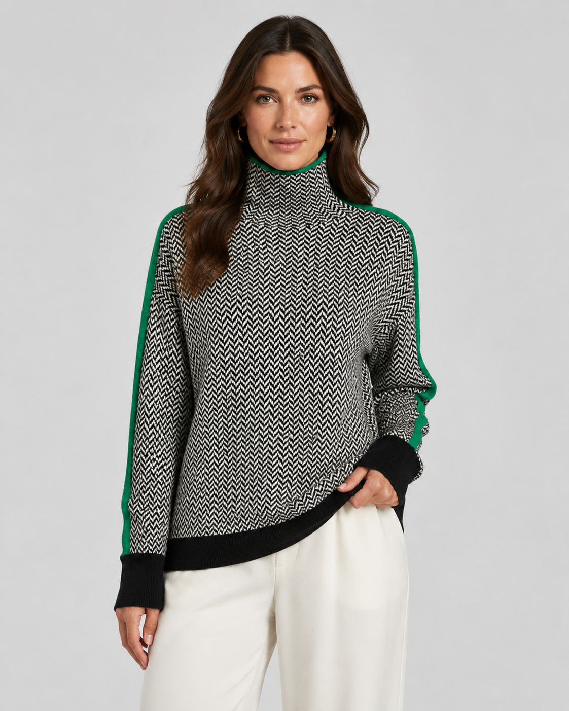 Women's Herringbone Turtleneck Jumper with Contrast Sleeves
