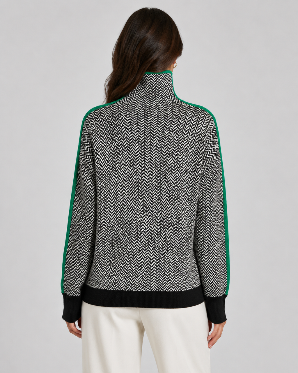 Women's Herringbone Turtleneck Jumper with Contrast Sleeves