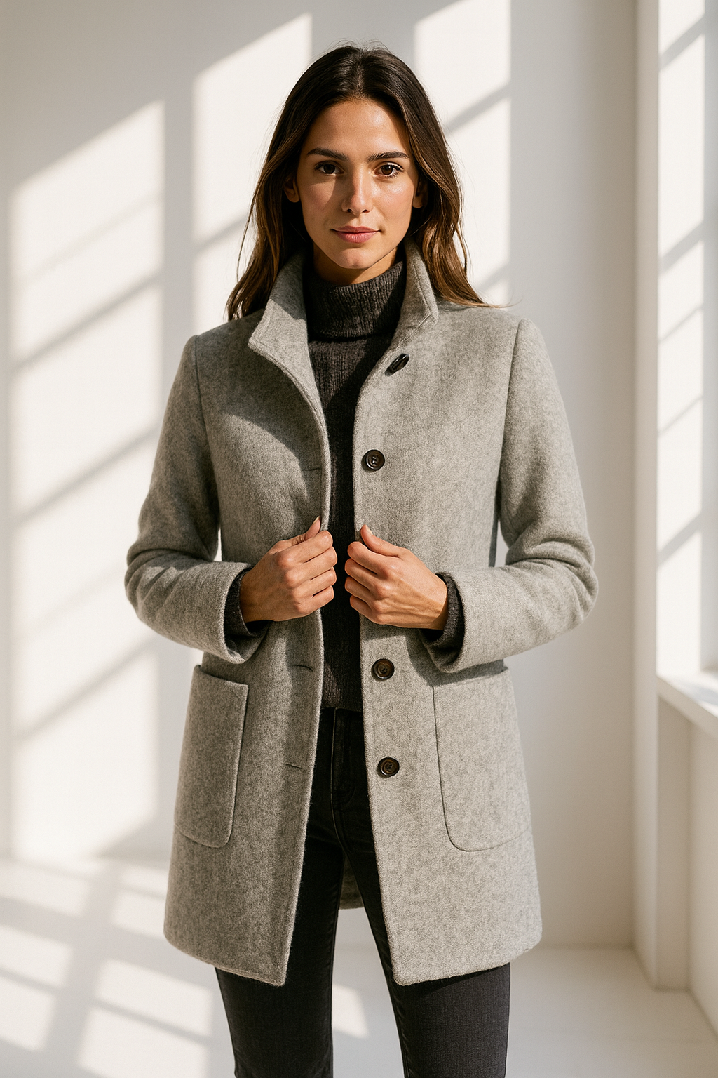 Kacob | Women's High Neck Coat – Single Breasted Tailored Winter Coat