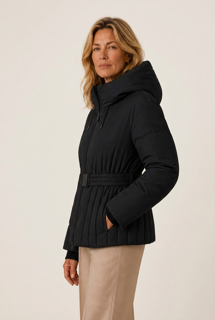 Kacob | Women's Hooded Buckle Belt Puffer Jacket – Fitted Quilted Winter Jacket