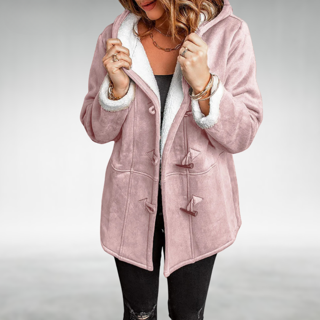 Women's Hooded Duffle Coat with Sherpa Fleece Lining – Faux Suede Toggle Front Coat
