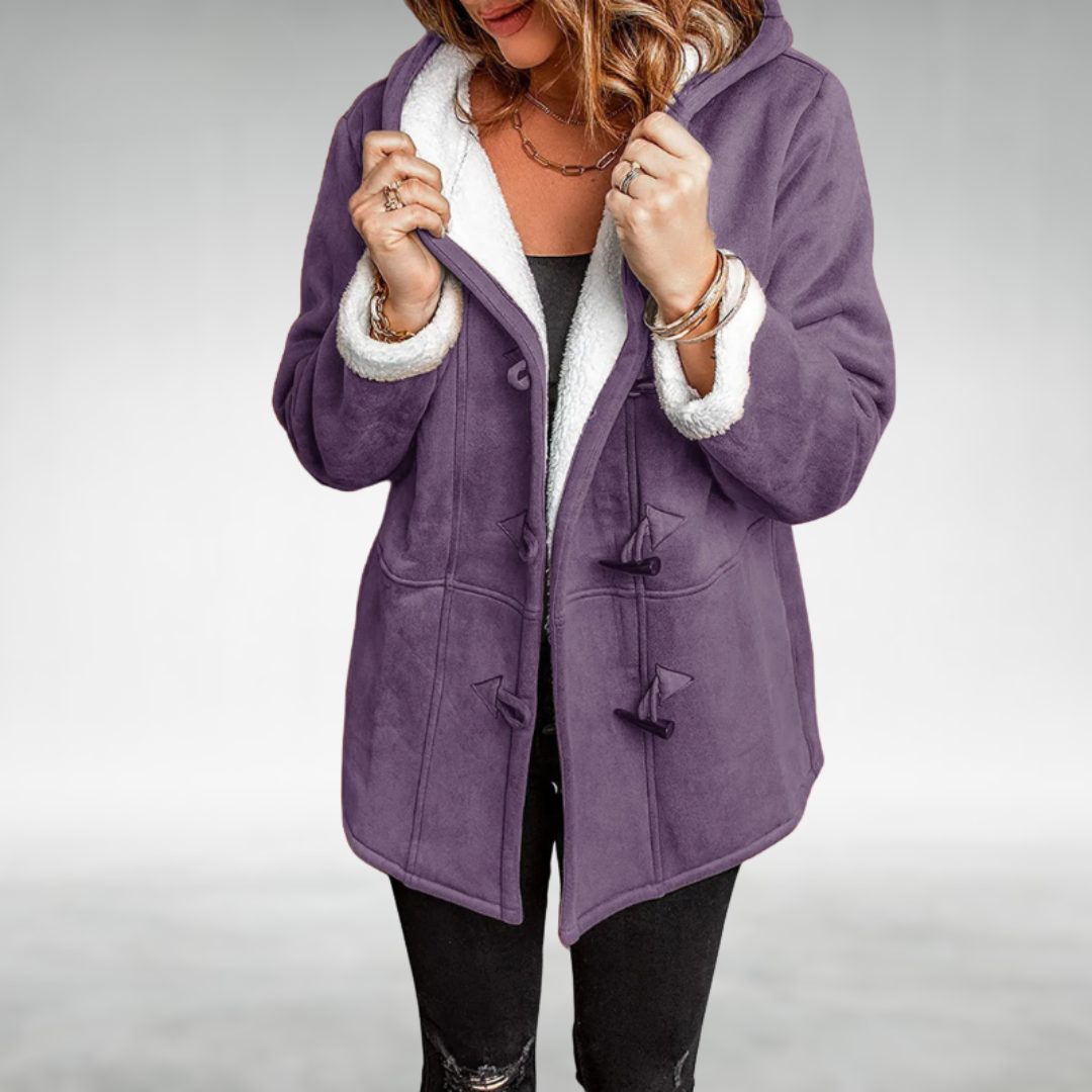 Women's Hooded Duffle Coat with Sherpa Fleece Lining – Faux Suede Toggle Front Coat