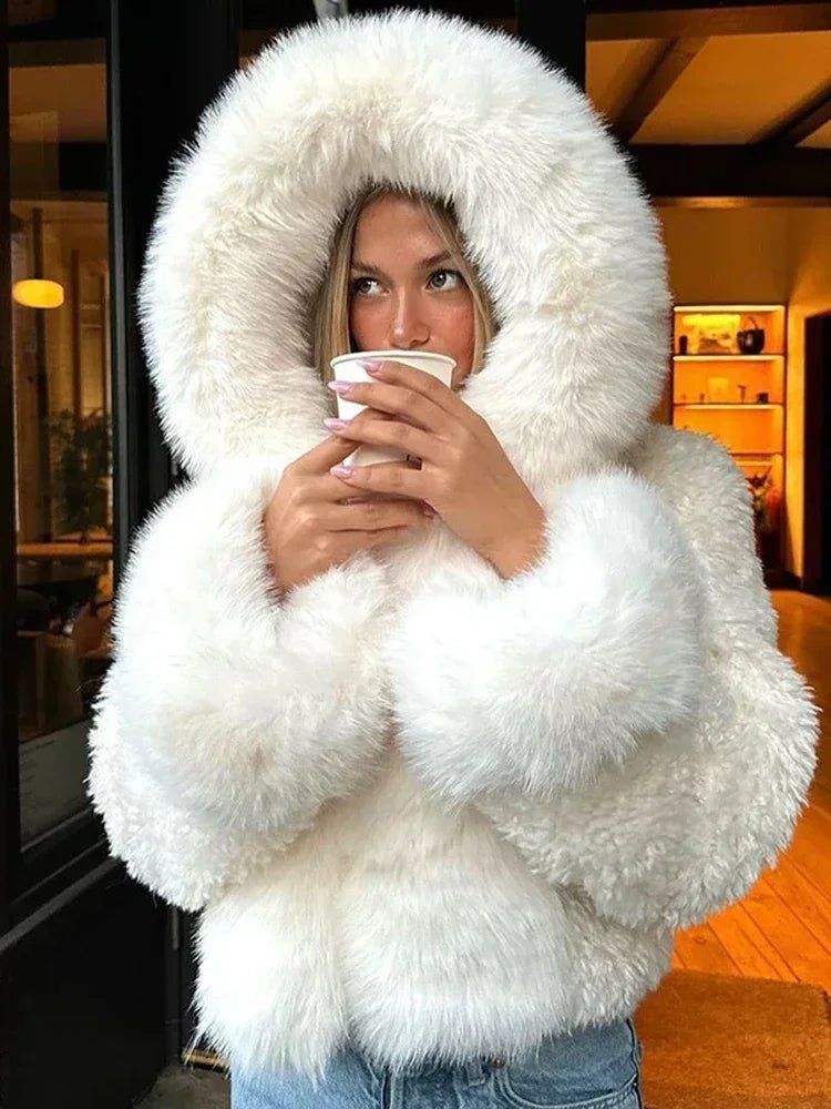 Women's Hooded Faux Fur Jacket – Cropped Fluffy Winter Jacket